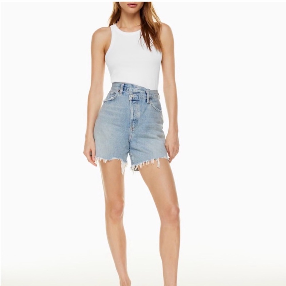 Agolde Criss Cross Light Blue Frayed Denim Shorts